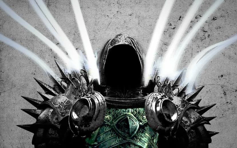 Hooded knight in silver armor with glowing green patterns and bright white light wings on a grey textured wall.