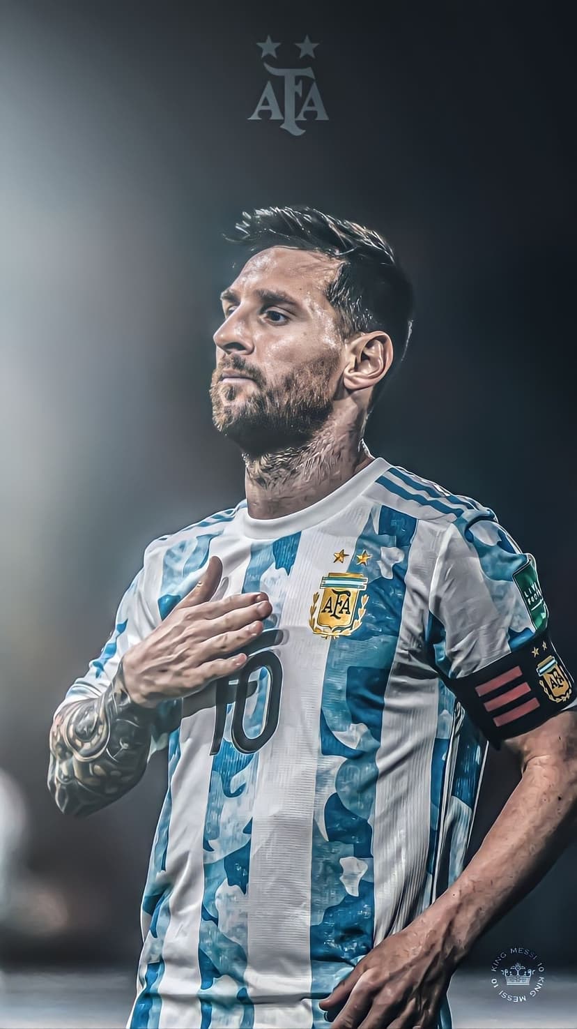 Lionel Messi in a blue and white Argentina jersey with his hand over his heart and a determined expression.
