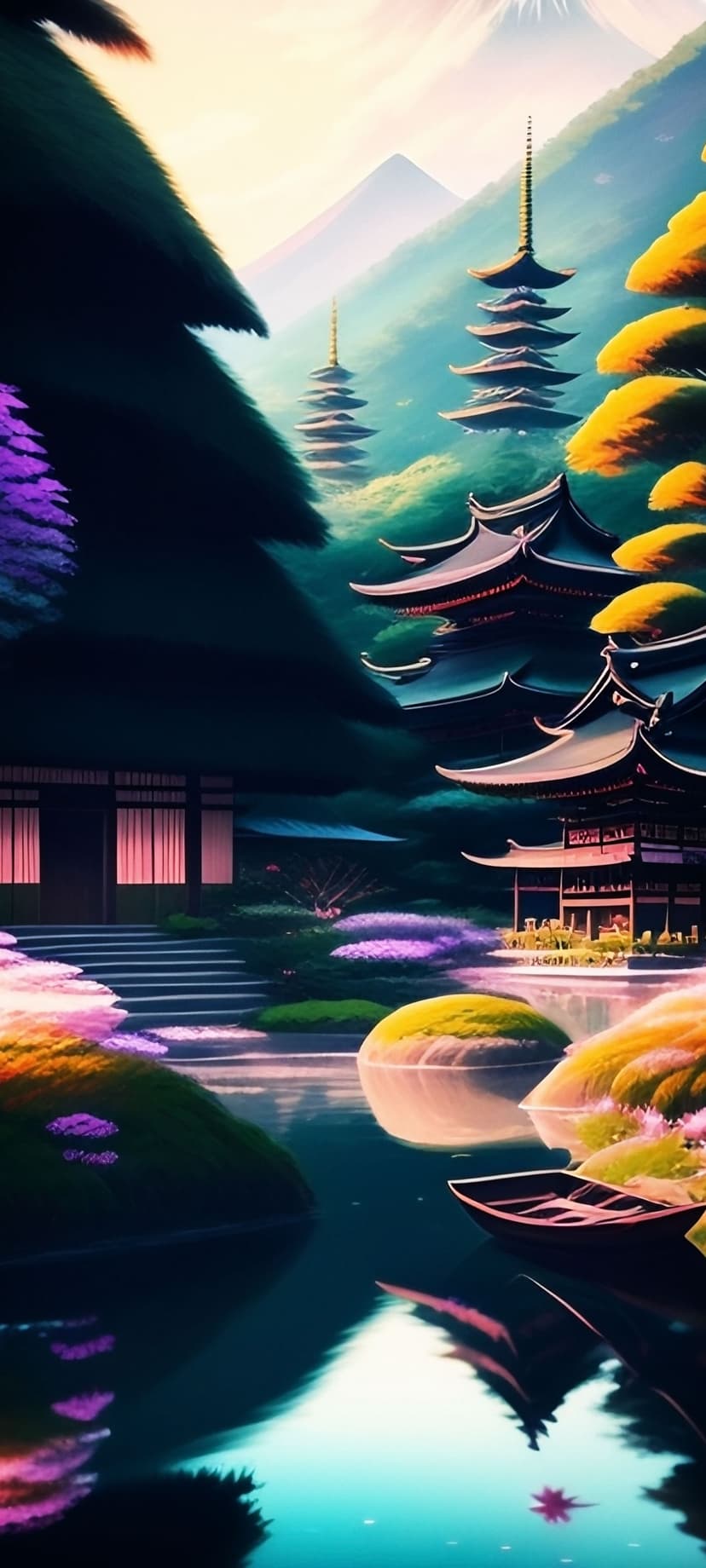 Pagodas stand beside a reflective pond with purple flowers and Mount Fuji visible in the distant background.