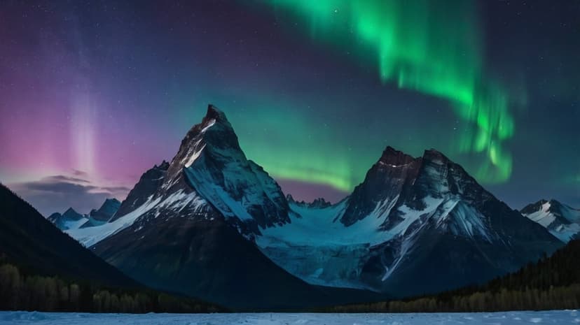Northern lights shimmer over snow-capped mountains and a reflective frozen lake beneath a dark starry night sky.