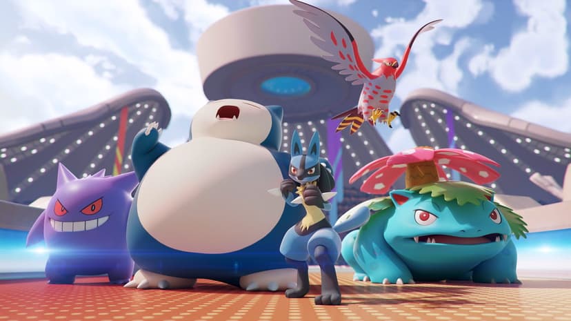 Gengar, Snorlax, Lucario, and Venusaur stand in a stadium while Talonflame flies above under a bright blue sky.