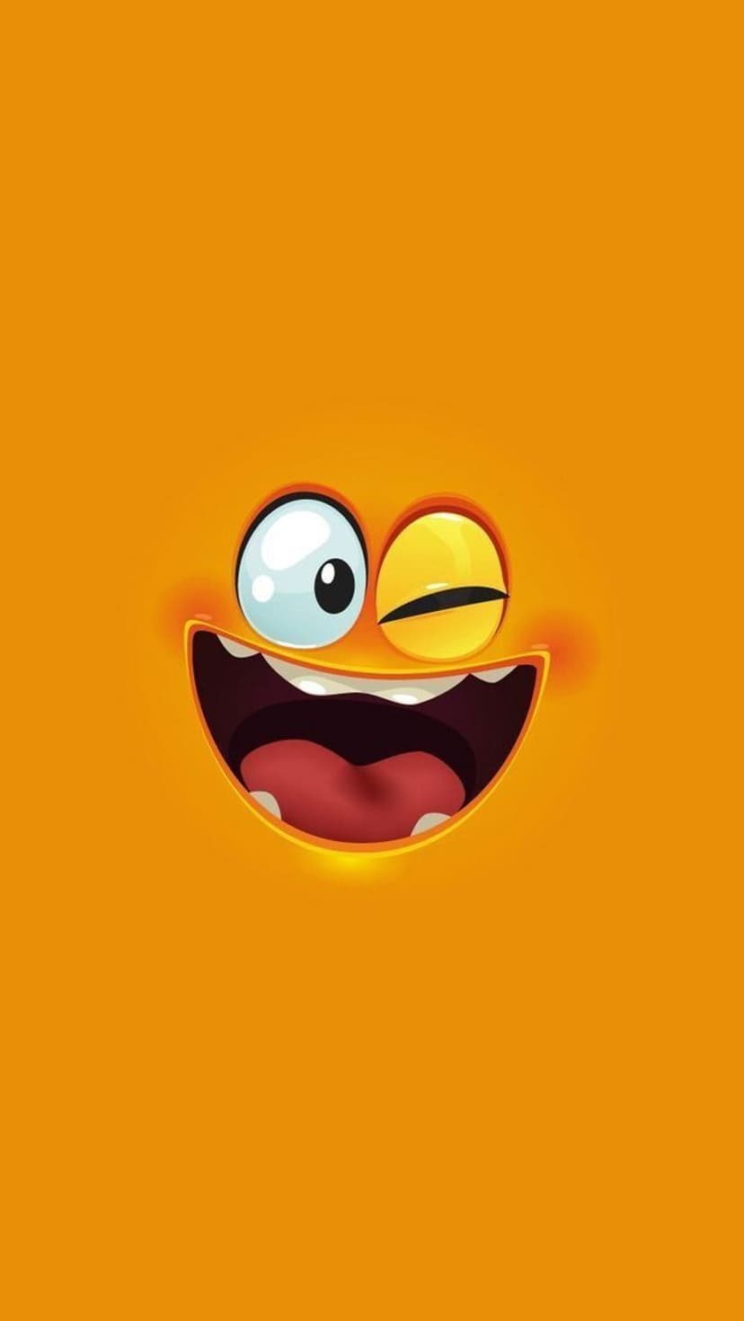 Winking cartoon face with one yellow eye and a red tongue centered on a solid vibrant orange background.
