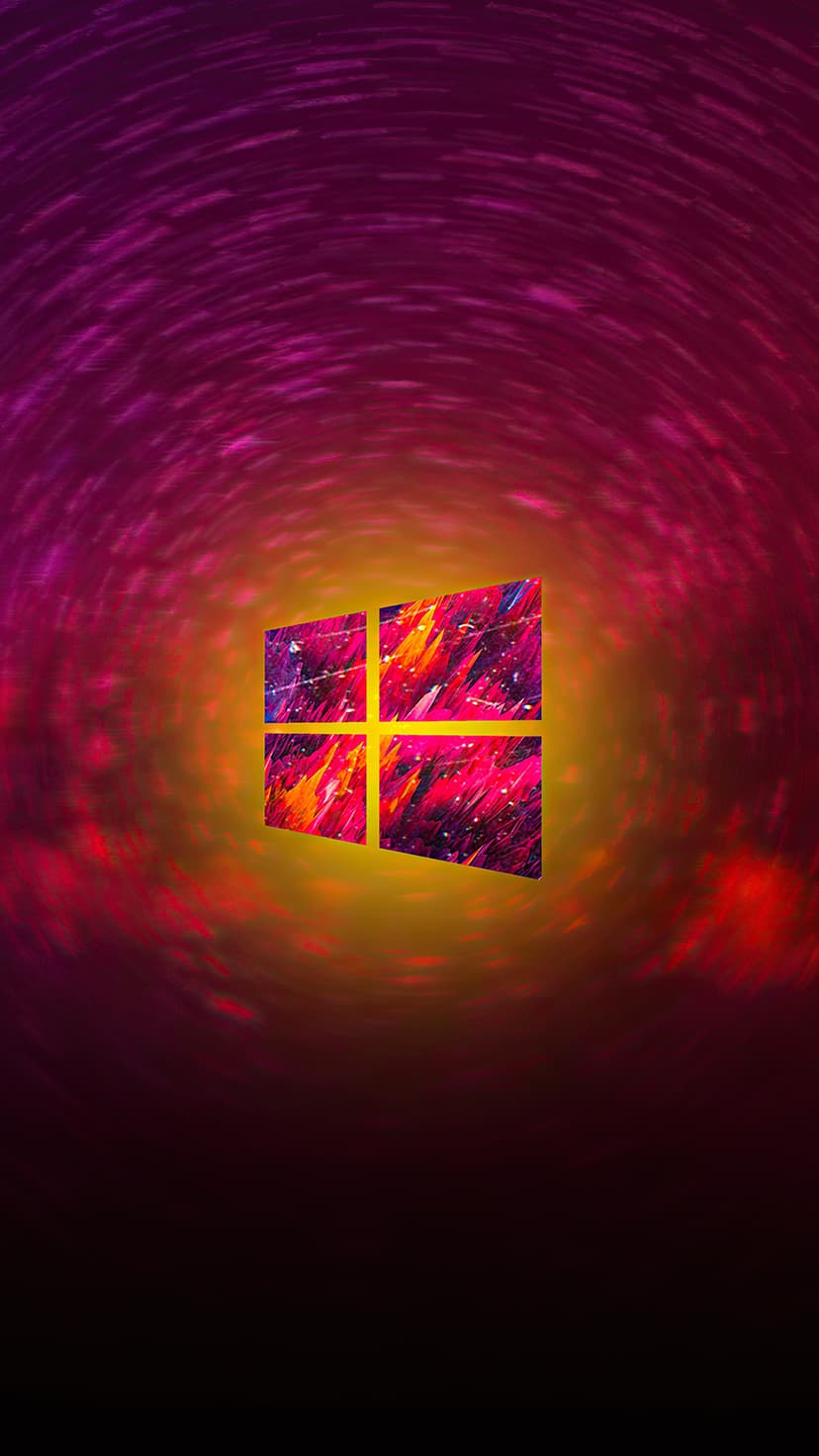 Windows logo with pink and orange paint splashes set against a swirling purple and yellow galactic nebula.