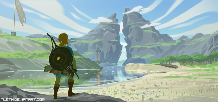 Link with a shield and bow overlooks a split mountain and glowing tower across a calm river at sunrise.