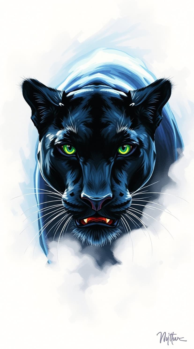 Black panther with emerald eyes roars against a blue smoke backdrop, exposing sharp teeth and dark sleek fur.