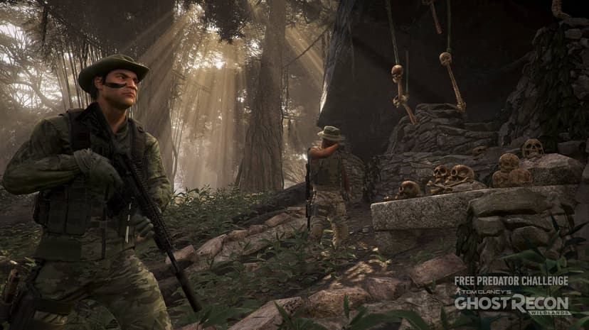 Two soldiers in camouflage stand in a jungle where light beams filter through trees onto hanging human skulls.