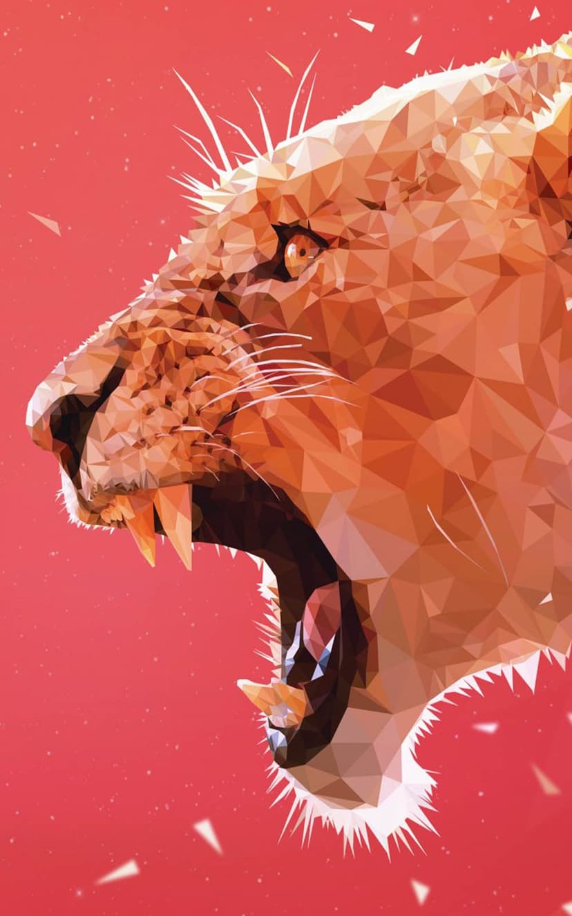 Lioness roaring in profile with a low-poly geometric style using orange and red tones on a vertical background.