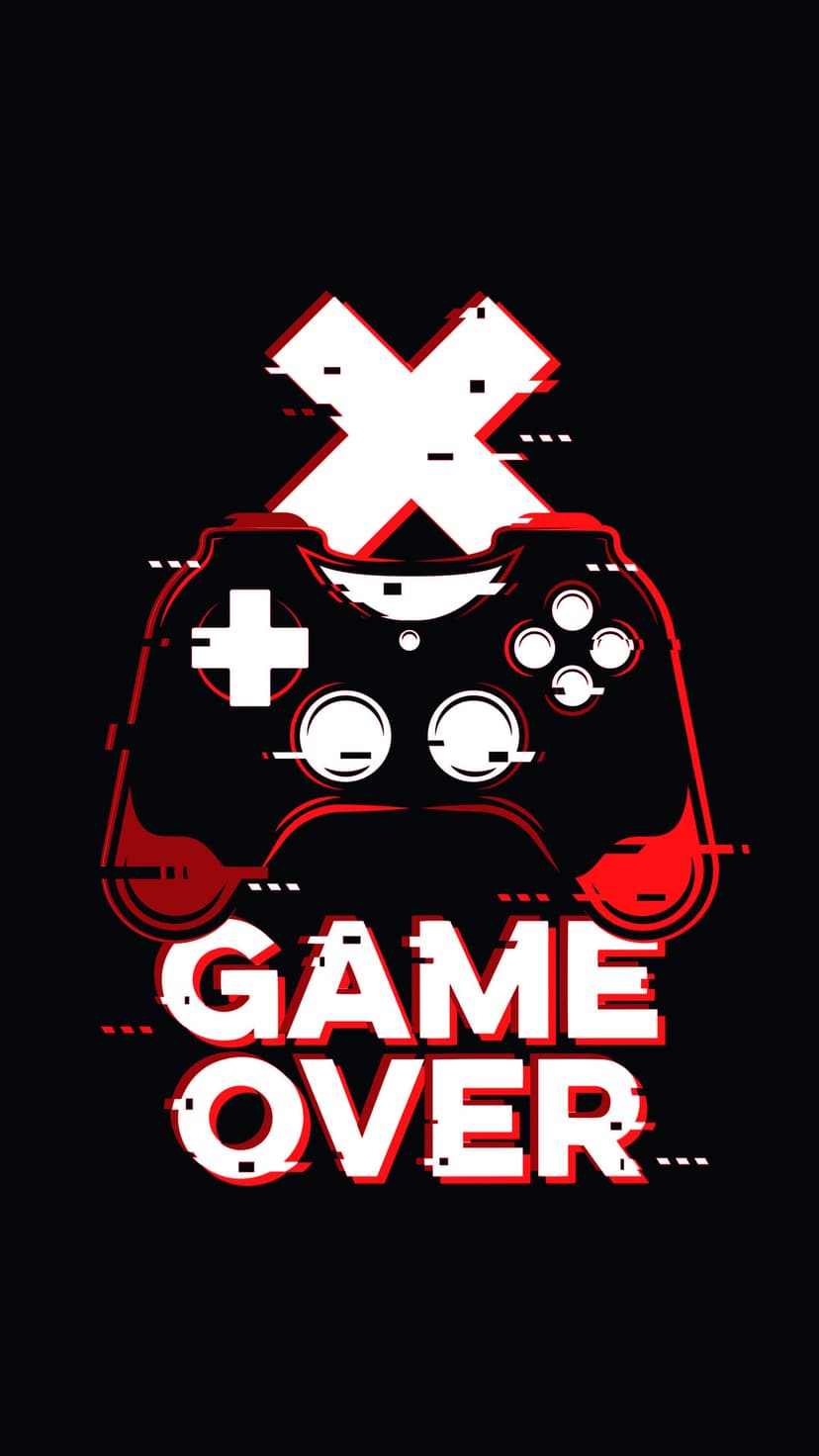 Game controller with red glitch distortion and bold Game Over text on a dark vertical background for phones.