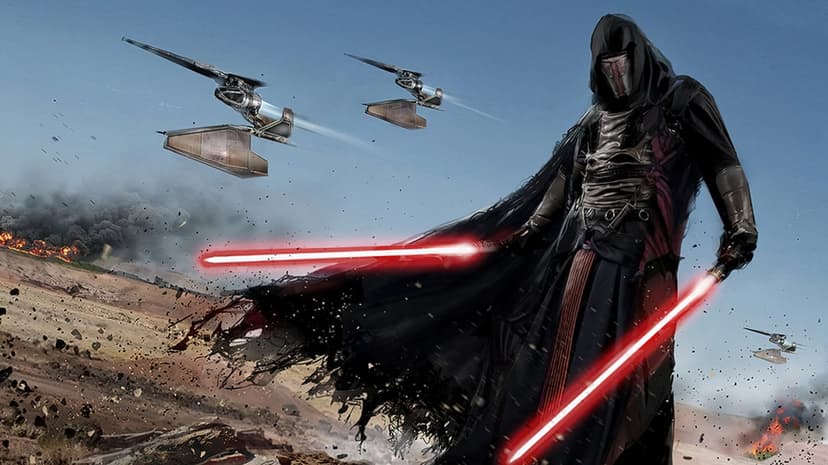 Masked Sith Lord in black robes holding two red lightsabers on a desert battlefield with flying starships.