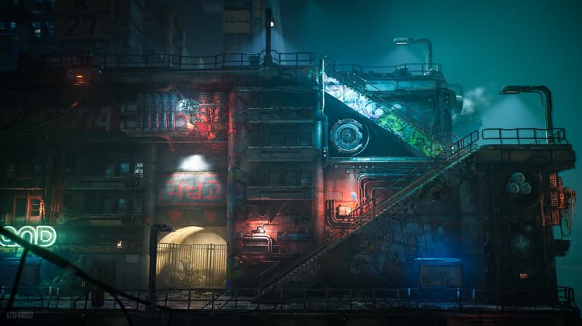 Cyberpunk city back street featuring neon lights, dark industrial architecture, and wet pavement in 4K resolution.