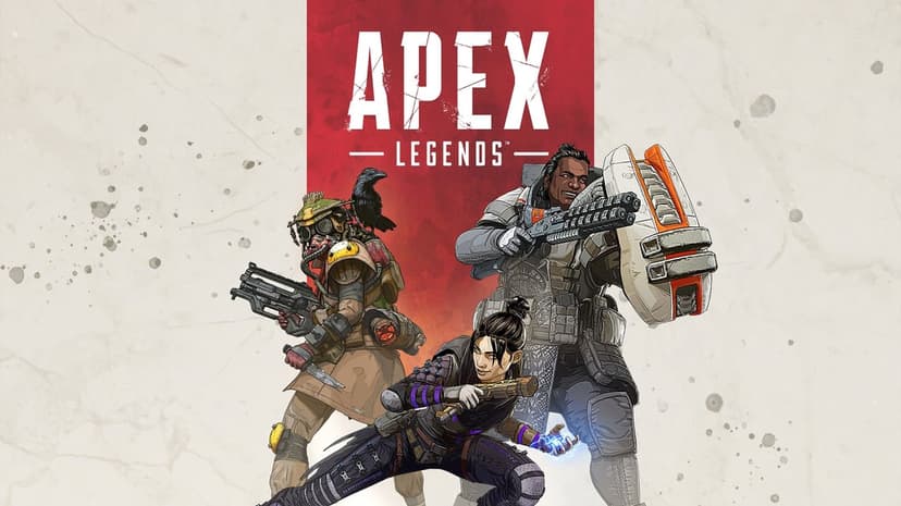Bloodhound, Wraith, and Gibraltar pose in front of a red stripe and Apex Legends logo on a white background.
