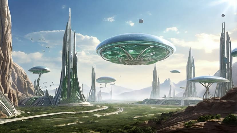 White organic skyscrapers and disc-shaped UFOs hover over a sunny green valley with mushroom-like structures.