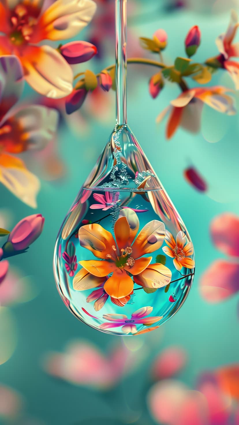 Crystal water droplet magnifying pink and orange flowers against a soft out-of-focus floral background.