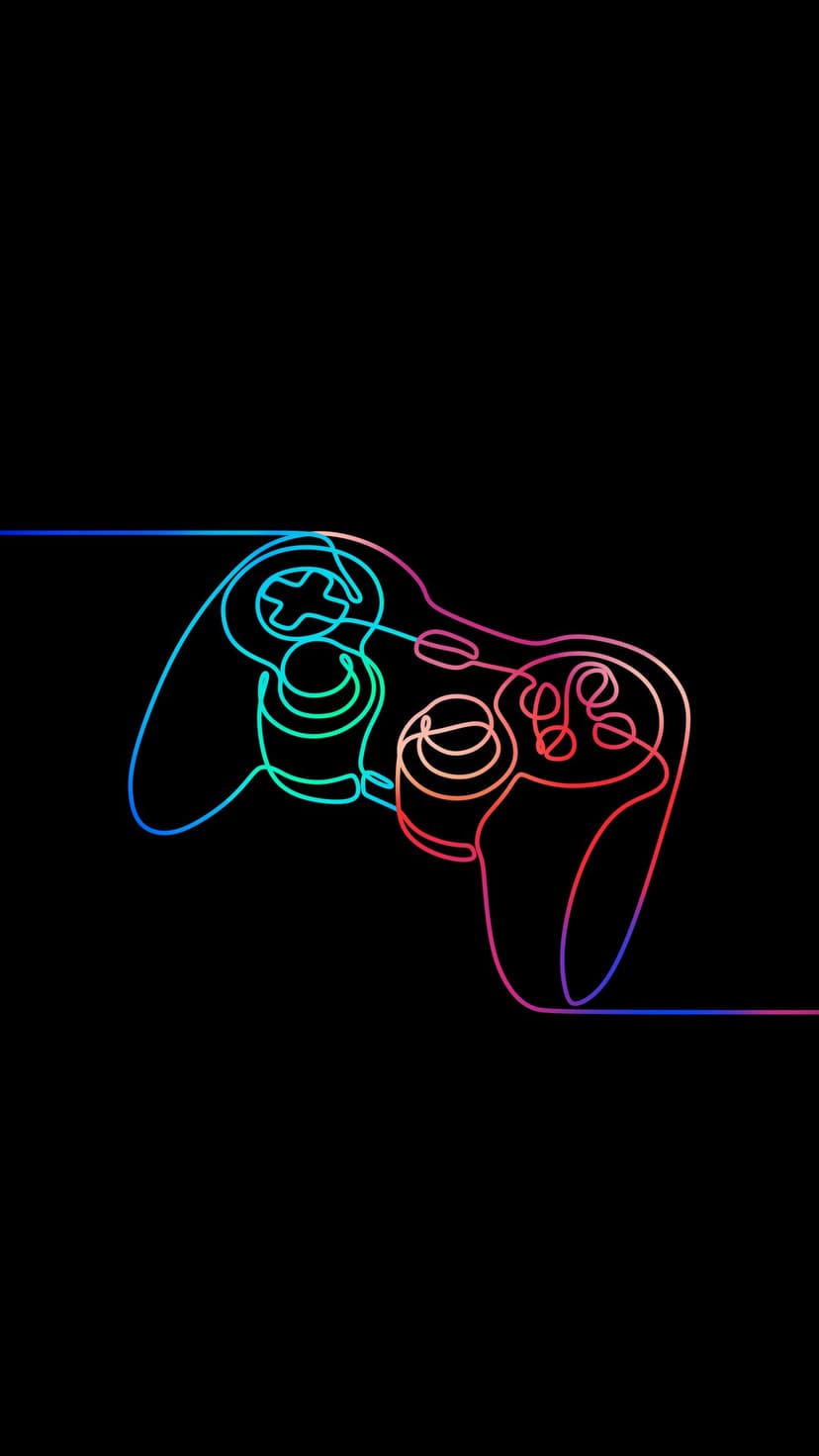 Gaming controller silhouette rendered in a continuous gradient line glowing against a solid black background.