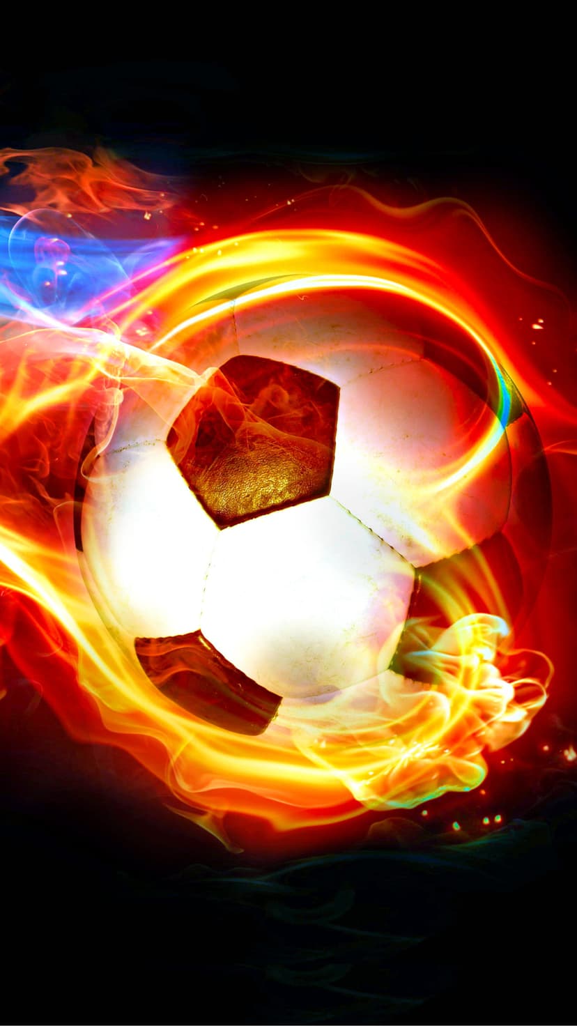 Soccer ball engulfed in swirling orange flames and blue smoke trails against a dark, high-contrast background.