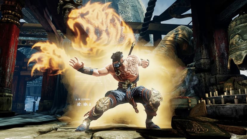 Warrior in a combat stance surrounded by a fiery golden tiger spirit inside a detailed ancient temple setting.