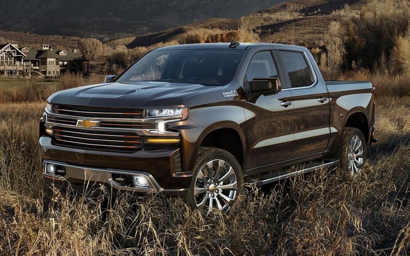 Dark brown Chevrolet Silverado High Country truck parked in tall dry grass with mountains and a lodge background.