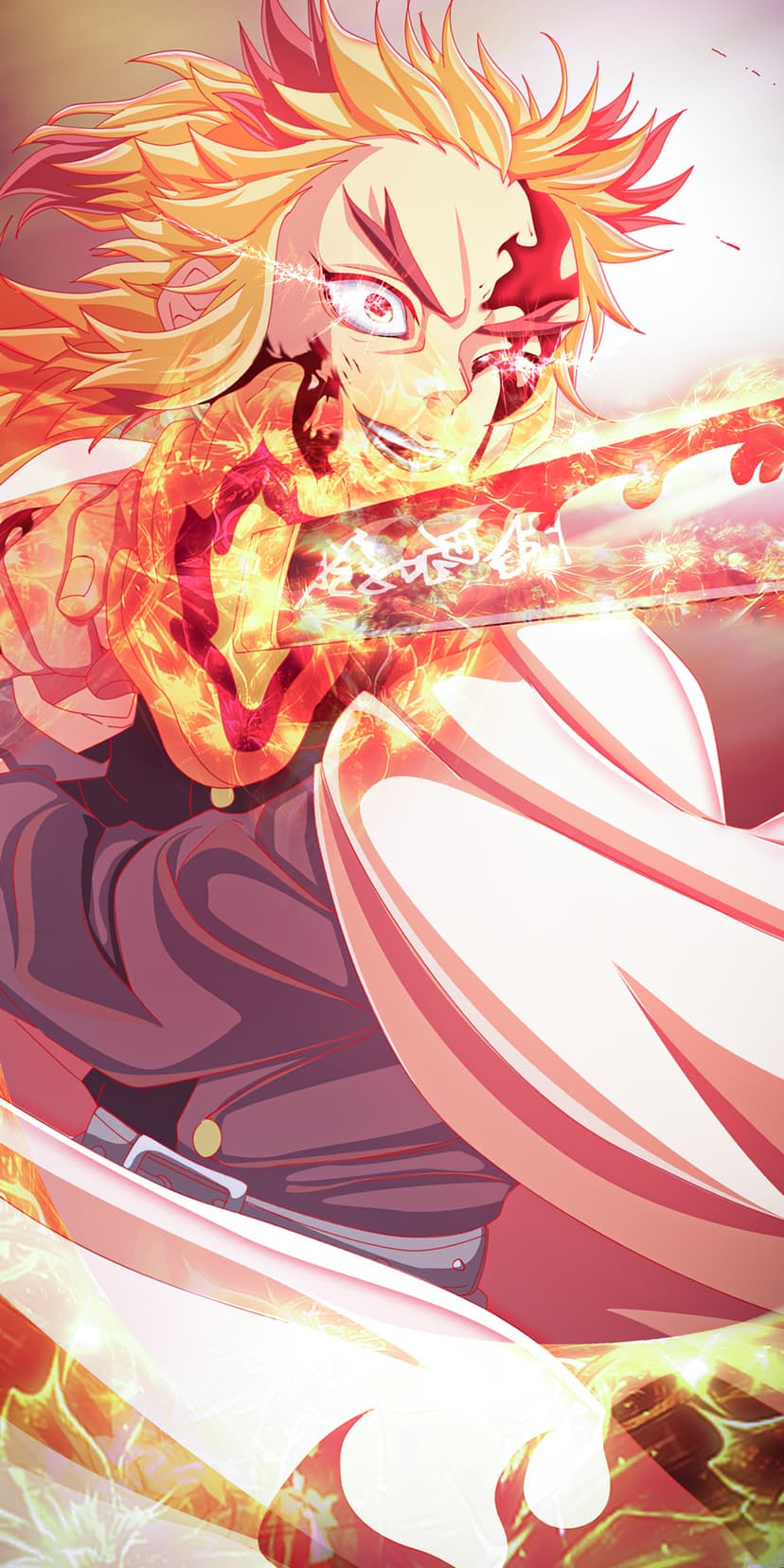 Kyojuro Rengoku grips a flaming sword while surrounded by swirling orange fire and embers in a vertical layout.