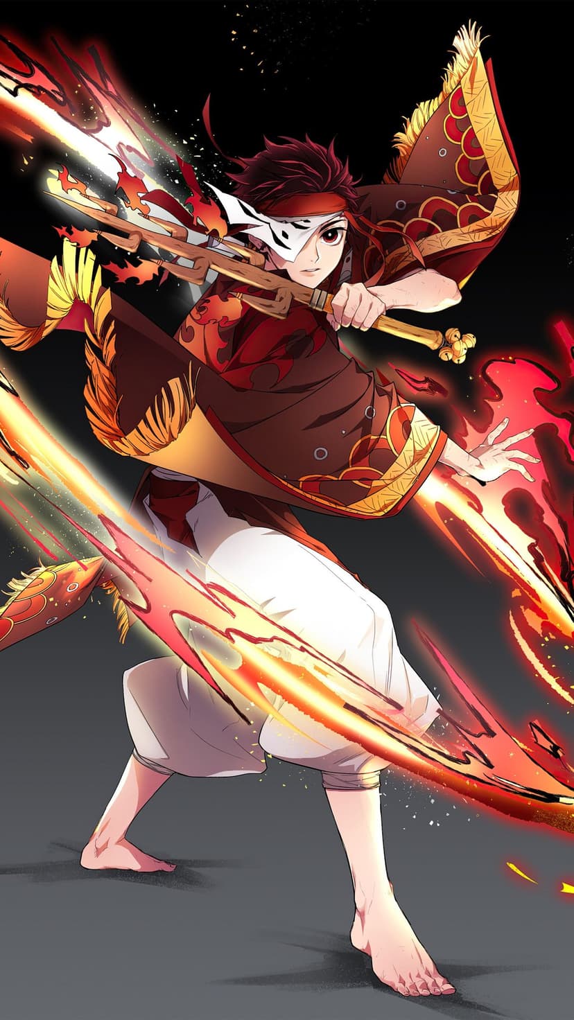 Masked warrior with red hair holds a flaming katana against a dark, ember-filled night sky in a dynamic combat pose.