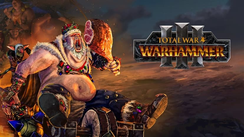 Greasus Goldtooth holding a giant ham leg in front of a scorched desert with the Total War Warhammer 3 logo.