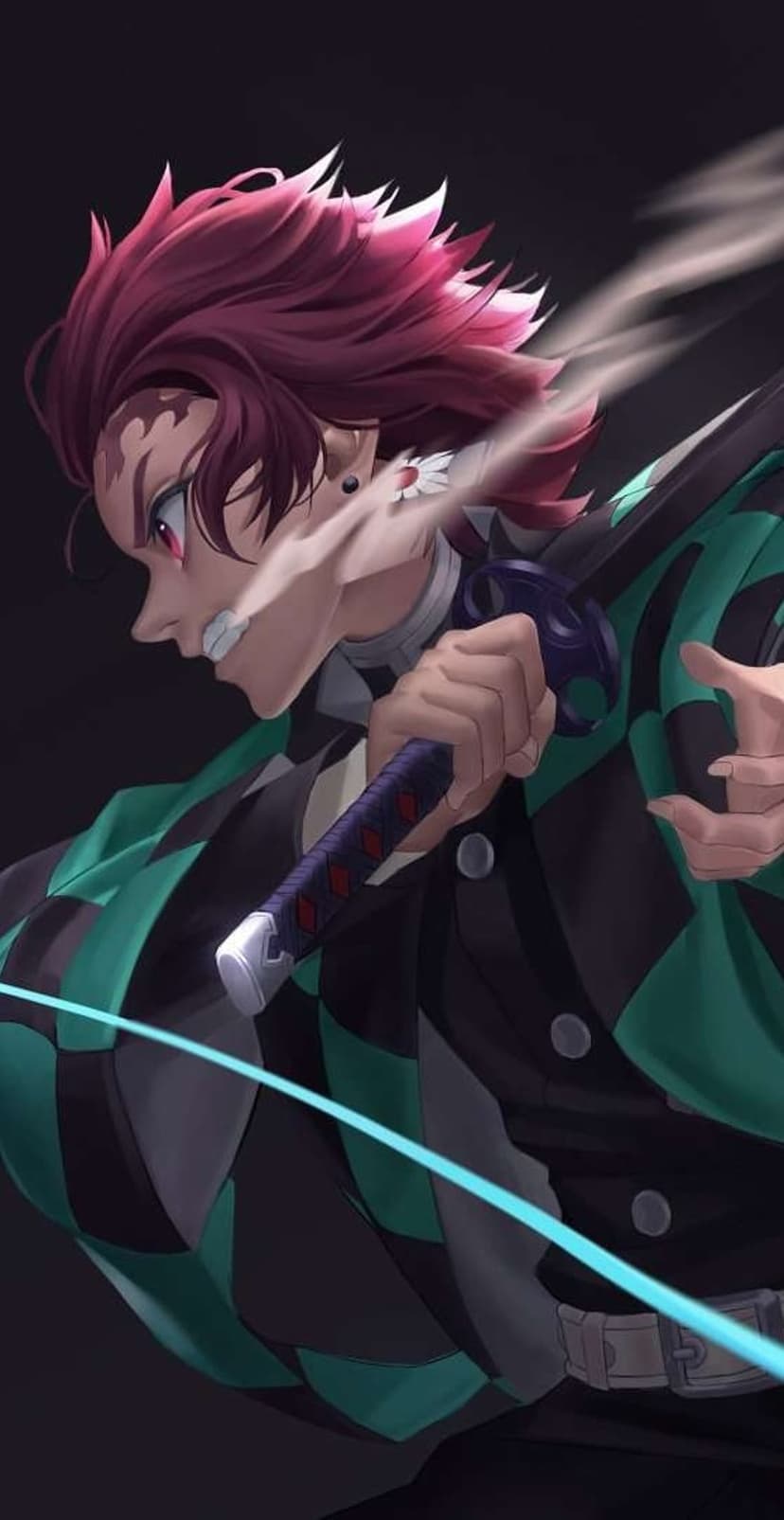 Tanjiro Kamado lunges with a black sword amidst glowing blue and orange energy sparks on a dark background.