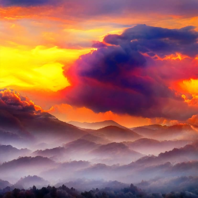 Glowing orange clouds hover above blue mountain peaks shrouded in thick white fog during a vibrant sunset.