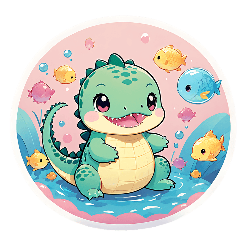 Mint green baby dinosaur sticker sits in blue water surrounded by yellow and pink fish in a circular frame.