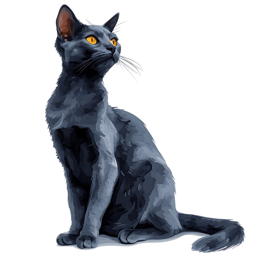 Russian Blue cat digital portrait shows slate-grey fur and vibrant orange eyes looking upward in a seated pose.