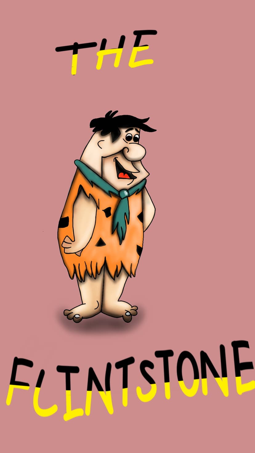 Fred Flintstone smiles in an orange leopard tunic and blue tie next to yellow and black stylized lettering.