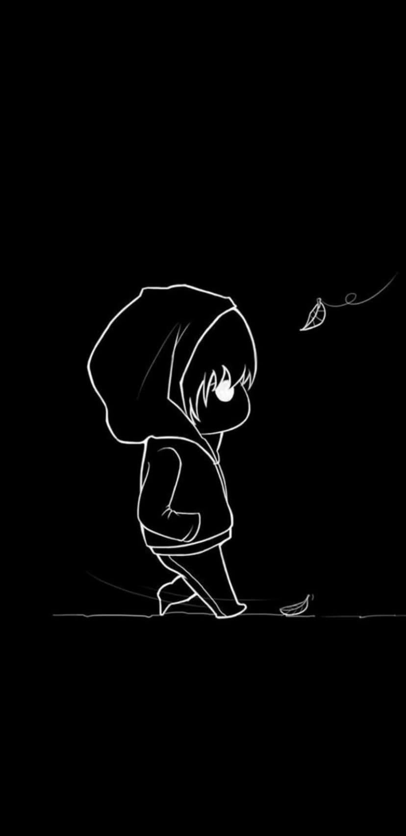 Hooded chibi character walking toward a banana peel while autumn leaves fall on a solid black background.