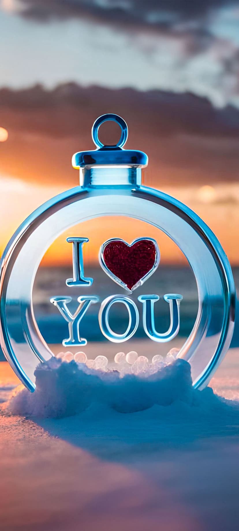 Glass bauble with I LOVE YOU text and a red heart sits on snowy sand as the sun sets over ocean waves.