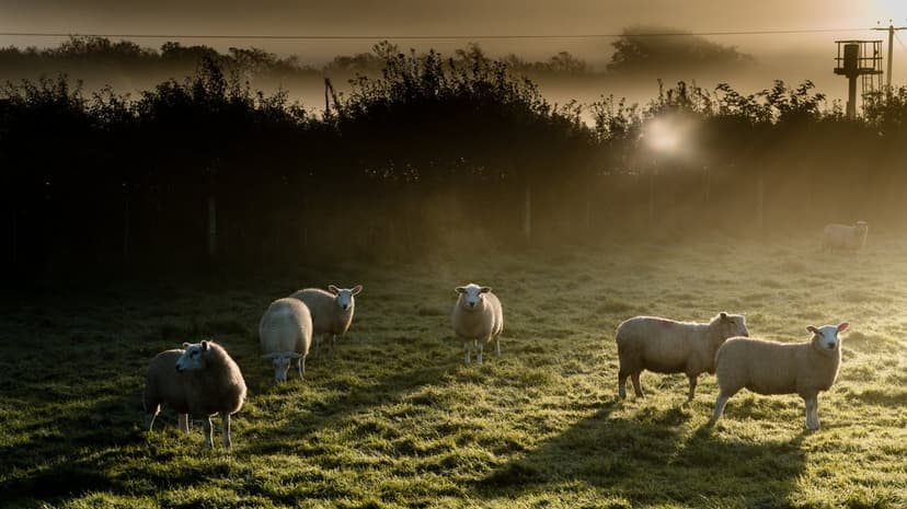 Sheep grazing in a misty field at sunrise with golden light, hazy silhouettes, and a bright sunflare.