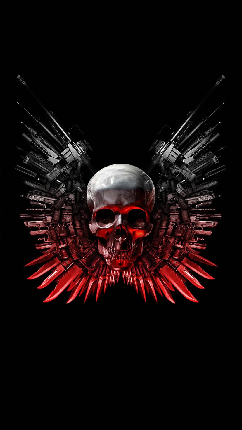 Chrome skull with glowing red eyes features expansive wings constructed from layered handguns and red knives.