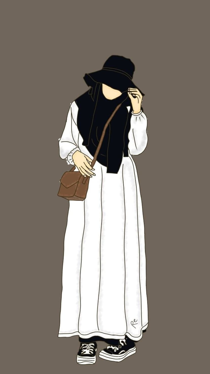Woman in a white hijab and black hat wears a flowing dress with sneakers and a brown crossbody bag against a plain background.