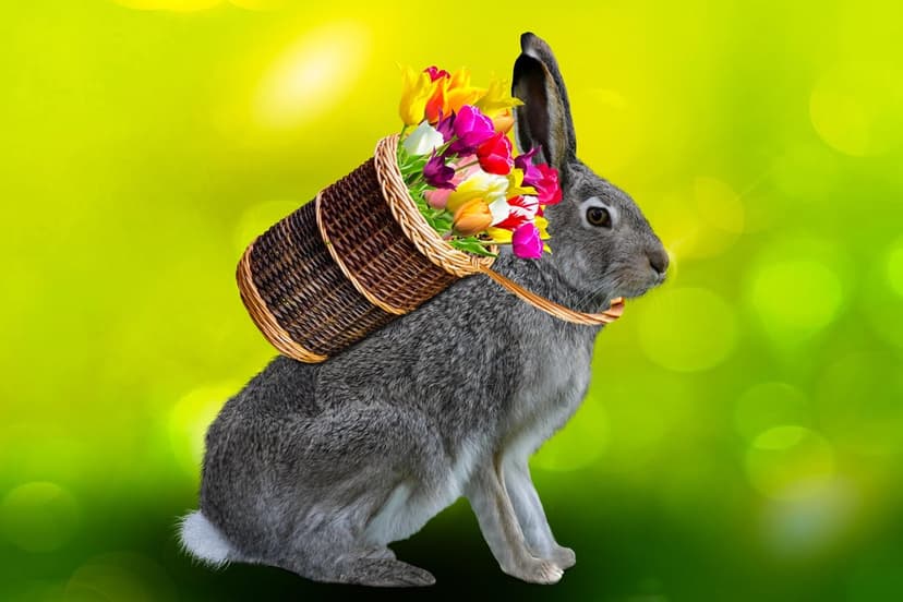 Grey bunny carries a wicker basket of pink tulips through a sunlit meadow with a soft green bokeh background.