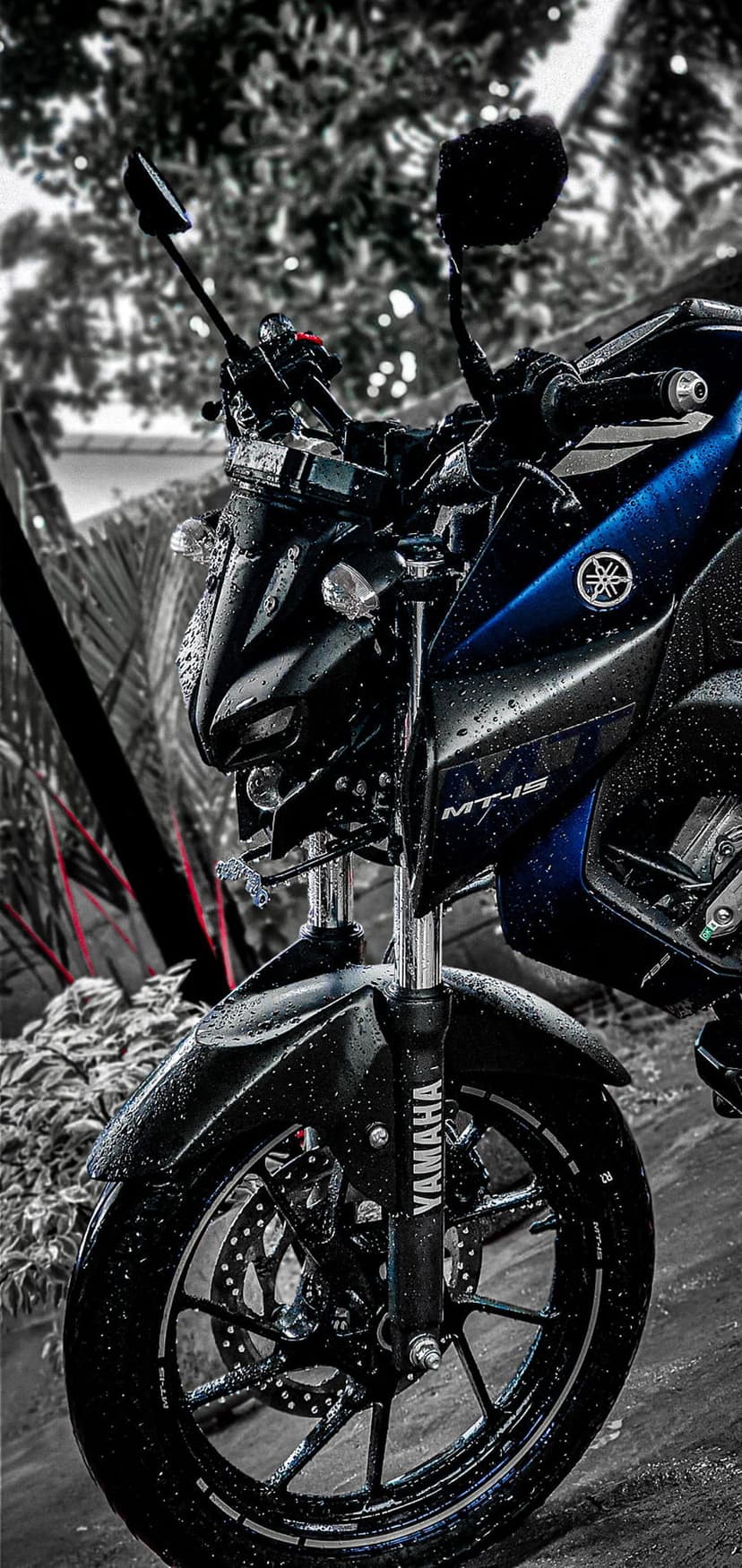 Yamaha MT-15 motorcycle with blue accents covered in raindrops, highlighting the front wheel and brake disc.