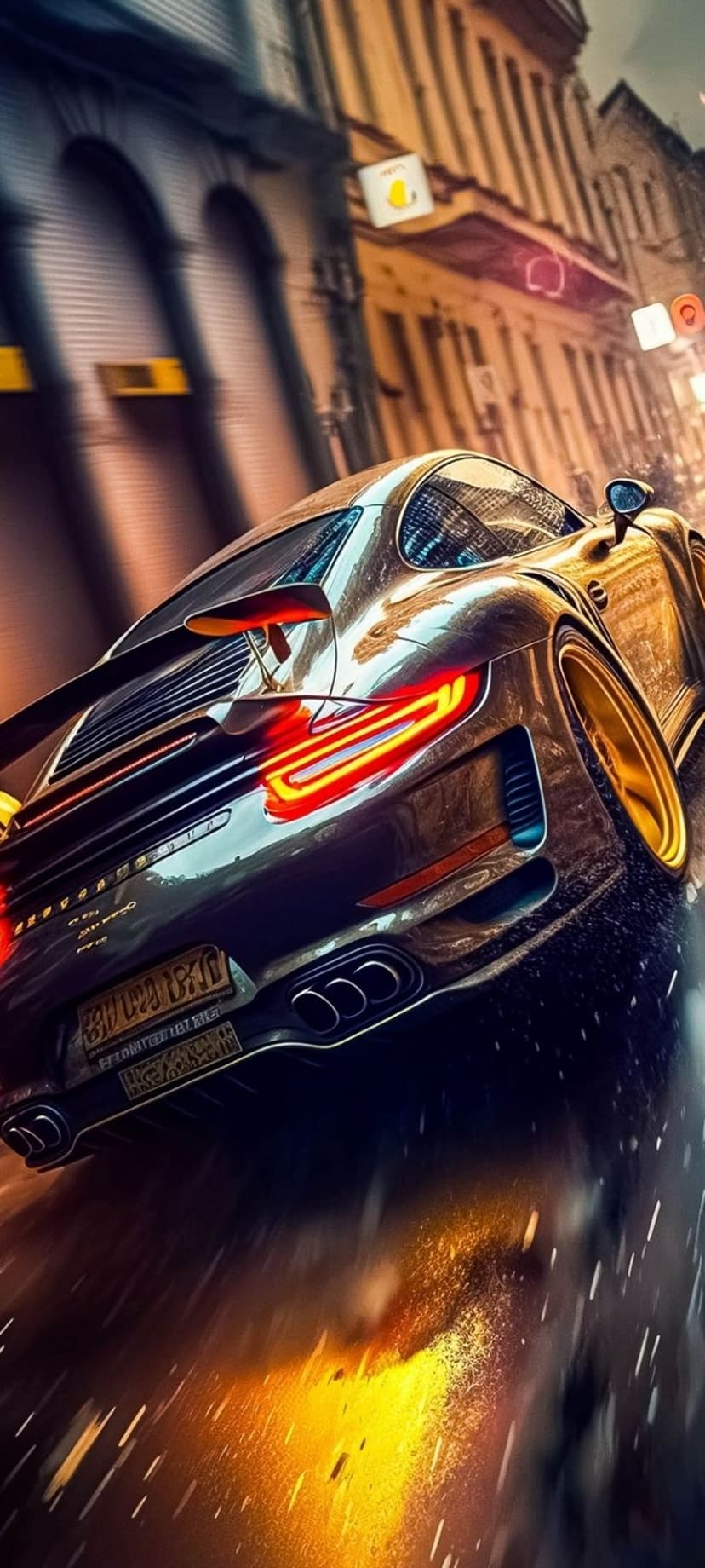 Porsche 911 with golden wheels speeds through a wet city street at night with glowing red taillights and blur.