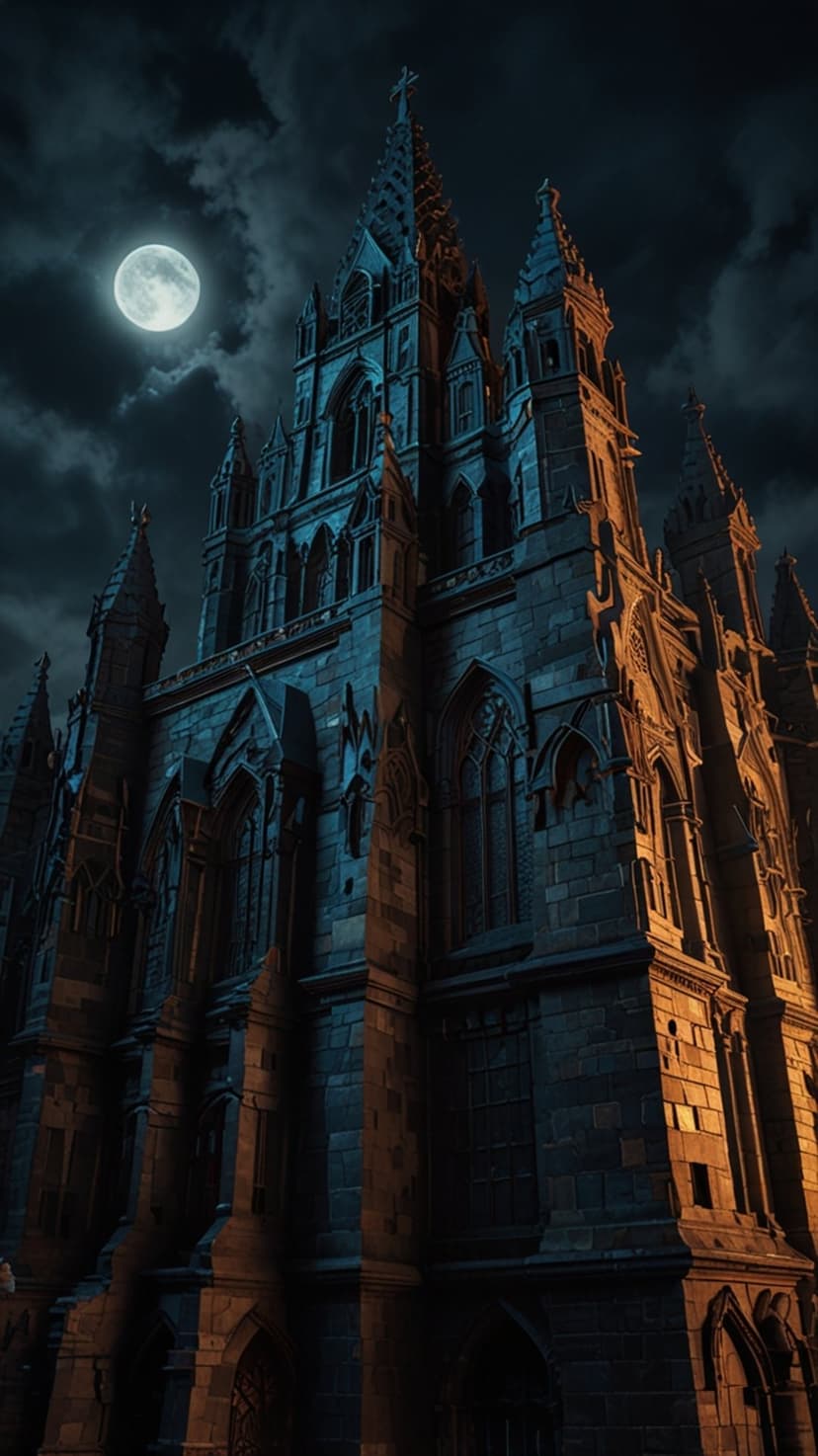 Gothic cathedral spires silhouetted against a glowing full moon and dark, cloudy sky in a haunting night scene.