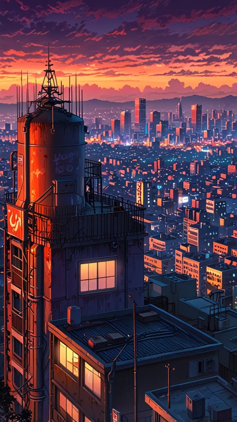 A tall spire overlooks a glowing metropolis under a fiery orange sunset with distant skyscrapers and city lights.
