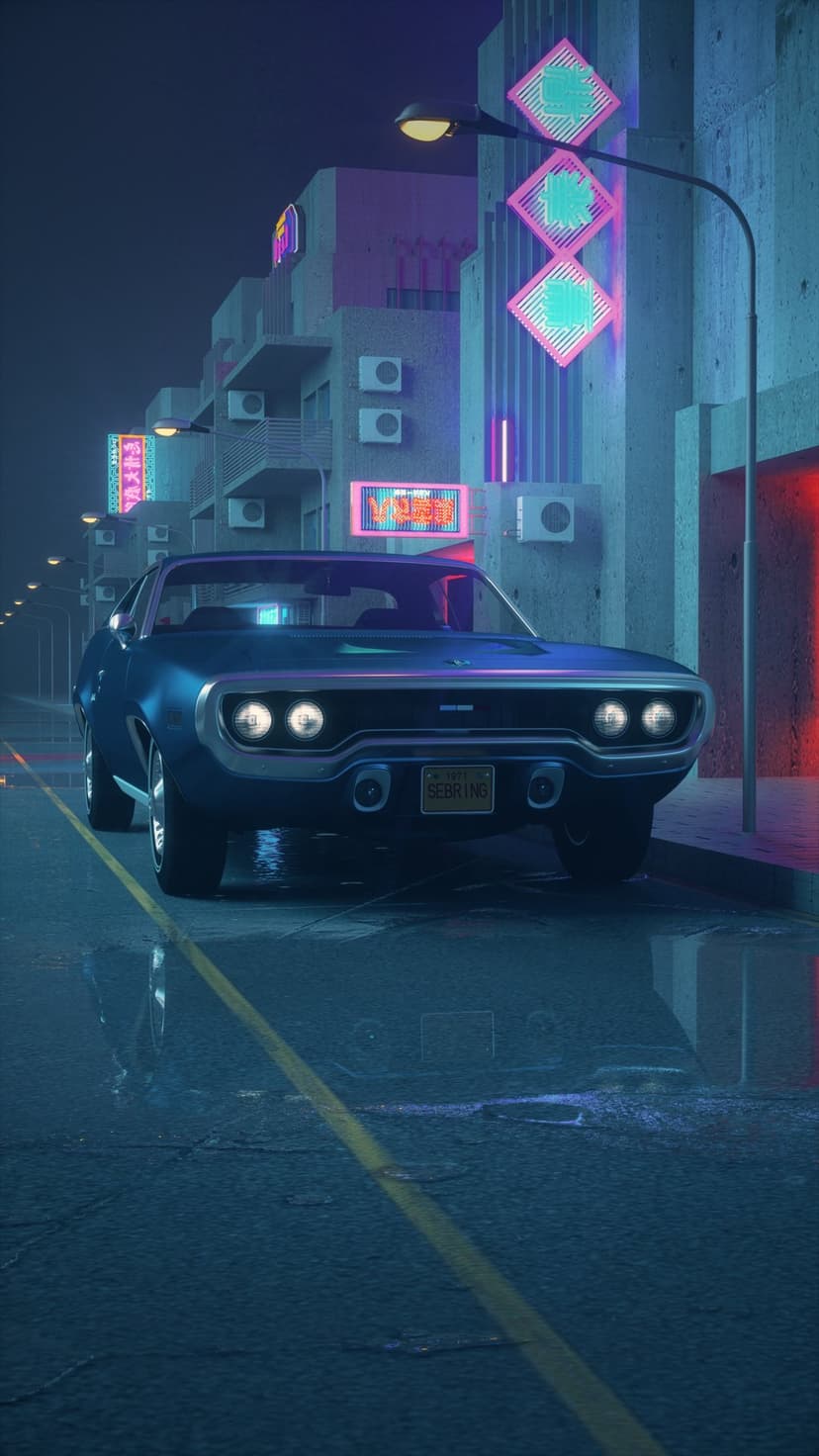Dark blue muscle car drives on a wet city street reflecting glowing pink and cyan neon signs at night.