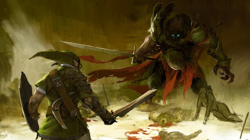 Link in green tunic faces a massive armored knight with glowing blue eyes on a blood-stained dusty battlefield.