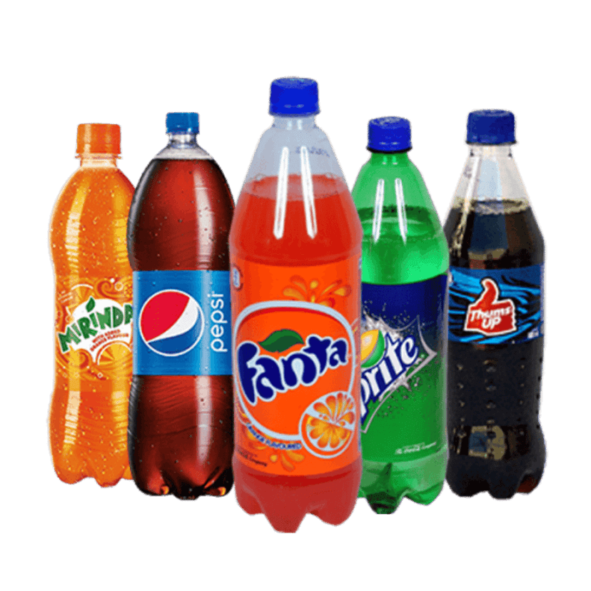 Fizzy soft drink bottles in red orange and green colors with realistic condensation on plastic surfaces.