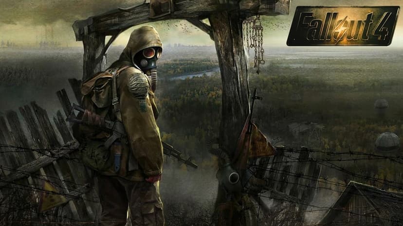 Lone survivor in a gas mask overlooks an overgrown wasteland from a wooden tower with barbed wire and a rifle.