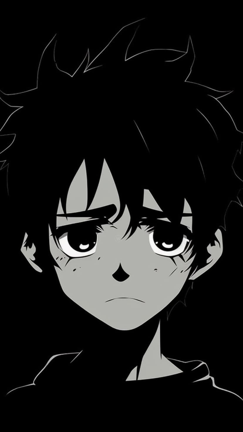 Sad anime boy with messy spiky hair and large dark eyes staring forward in a high-contrast grayscale portrait.