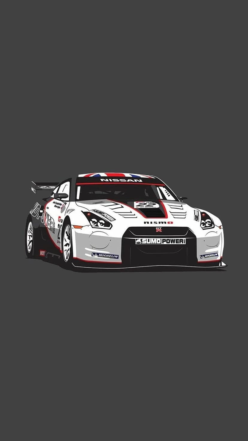 Nissan GT-R racing car in white with red accents, a Union Jack roof, and NISMO logos on its aerodynamic body.