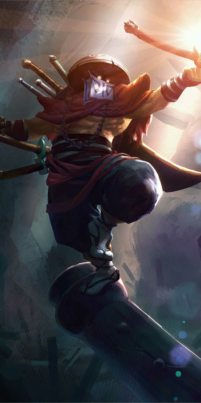 Samurai warrior in a red cape jumping while holding a glowing katana against a bright, sunlit background scene.