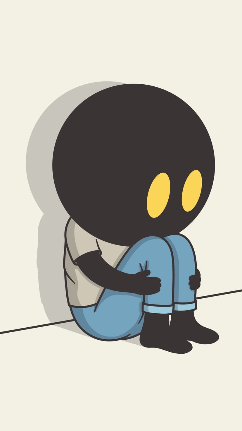 Dark round-headed character with glowing yellow eyes huddles in a corner wearing a light shirt and blue jeans.