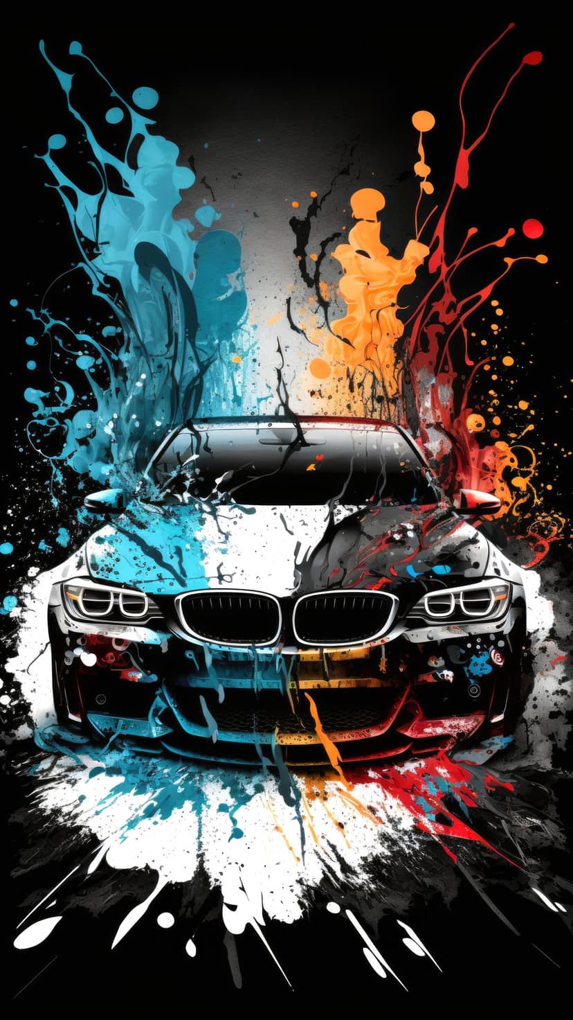 Racing car split into blue and orange halves with thick paint splatters exploding across a dark background.