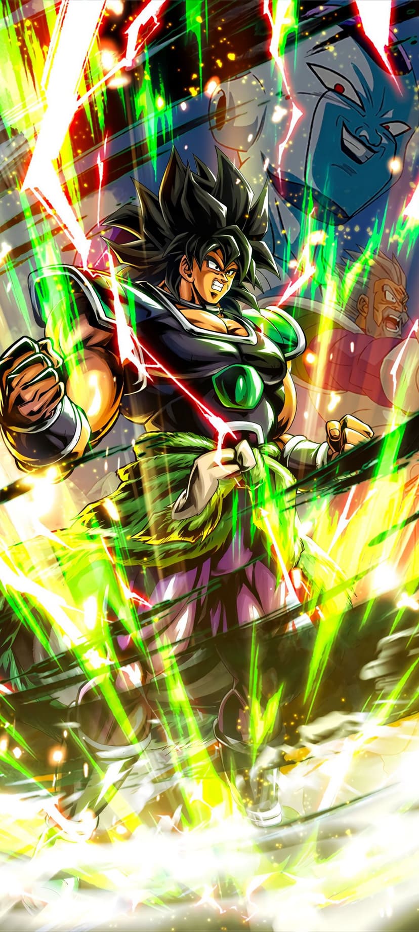 Broly surges with green aura amidst energy explosions and warriors in the background of an intense battle scene.