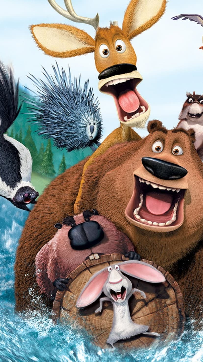 Boog the bear and Elliot the deer ride a wooden raft through white-water rapids with forest animal friends.